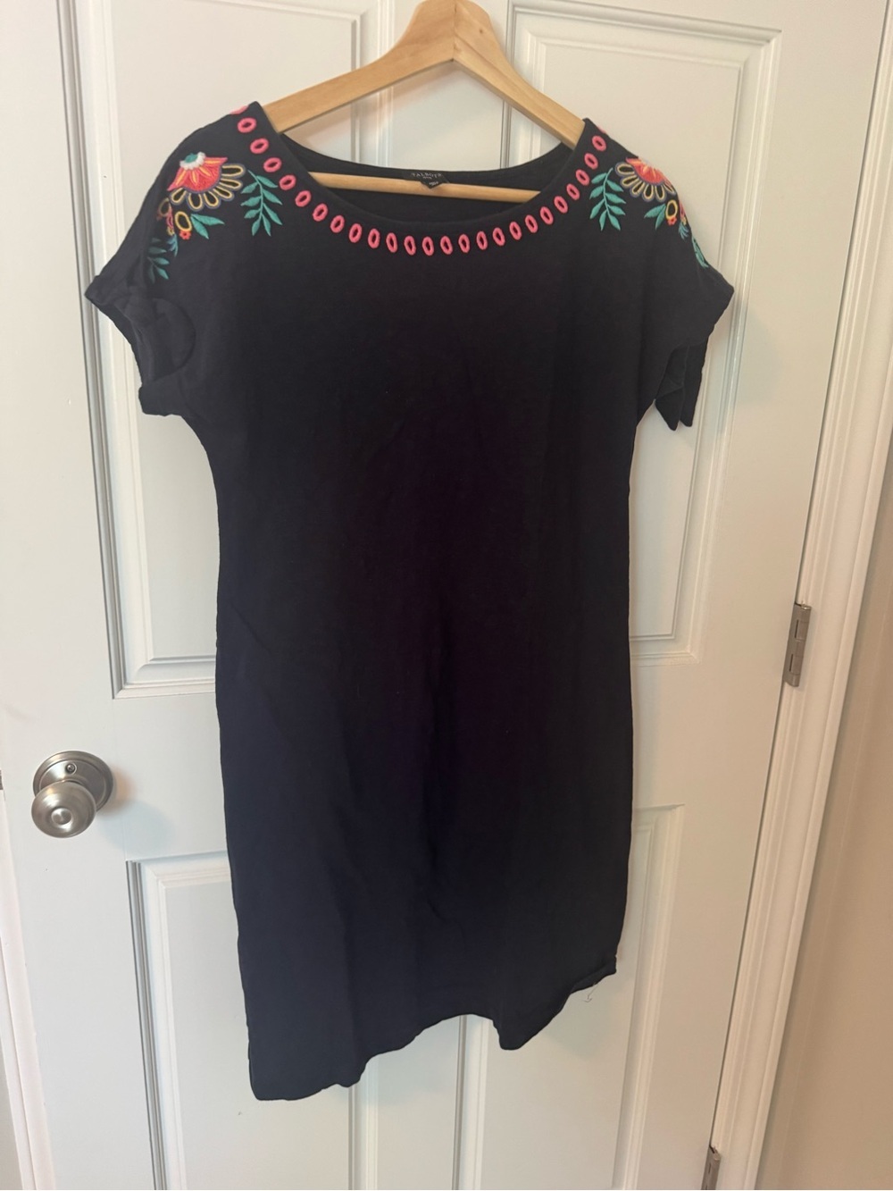 Talbots Black Shift Dress with Pink and Teal Embroidered Neckline
